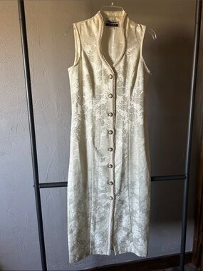Sleeveless Button-Front Brocade Midi Dress in Cream by Marnie West